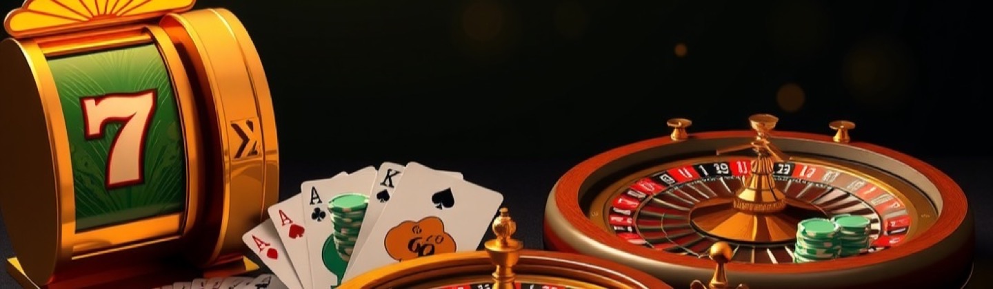 PAK Rummy game app collection with a golden slot reel, playing cards, a roulette wheel and green chips